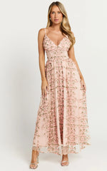 Amalie The Label - Lou V Neck Embroidered Tulle Midi Dress - In Blush