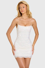 Embellished Square-Neck Mini Dress in Ivory