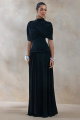 Evelisse | Black High-Neck Maxi Dress With Short-Cape Sleeves