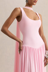 Aurina | Pink Square-Neck Maxi Dress With Scarf-Detail