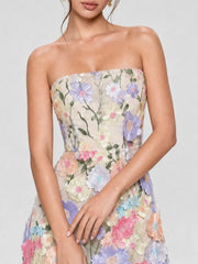 3D Floral Applique Strapless Mesh Mini Dress