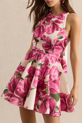 Waverly | Pink Rose Print Racer-Neck Sleeveless Skater Mini Dress