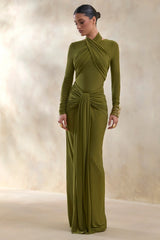 Linessa | Olive High-Neck Maxi Dress With Sash And Gathered-Detailing