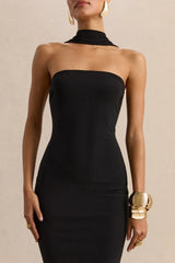 Amariah | Black Bandeau Midi Dress With Scarf-Detail