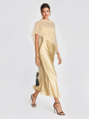 Romantic Drape Asymmetric Cape Satin Maxi Dress