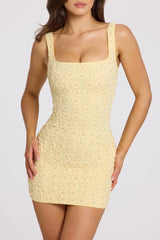 Embellished Square-Neck Mini Dress in Butter Yellow