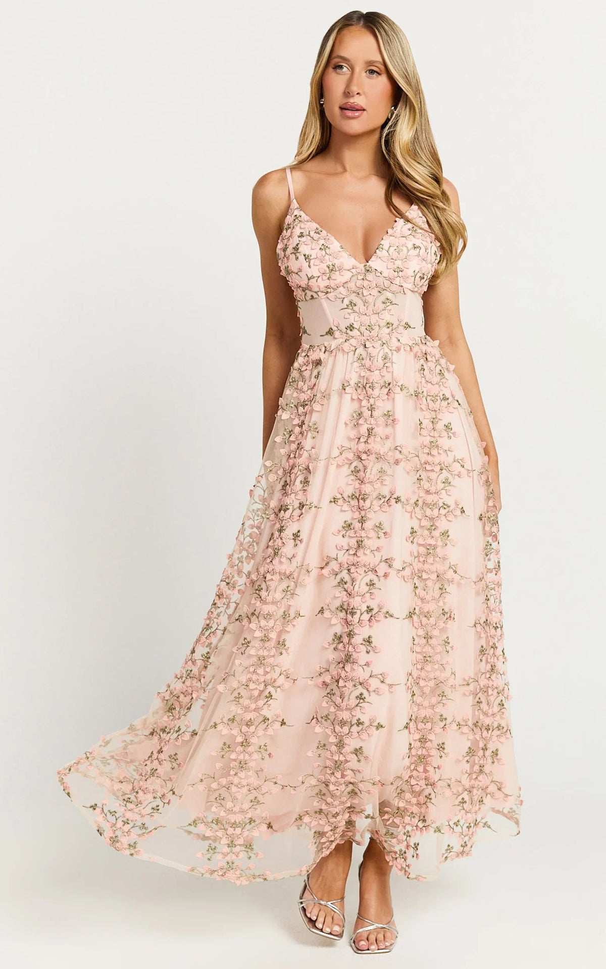 Amalie The Label - Lou V Neck Embroidered Tulle Midi Dress - In Blush