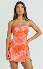 Brailey Mini Dress - Strapless Dress in Orange Jacquard
