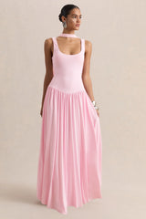 Aurina | Pink Square-Neck Maxi Dress With Scarf-Detail