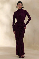Harmona | Dark Plum High-Neck Maxi Dress With Gathered And Draped-Detailing