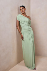 Emberly | Green Draped Asymmetric-Neck Maxi Dress With Drop-Waist