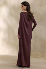 Salenne | Brown Wide-Neck Maxi Dress With Satin Asymmetric-Cape