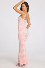 Embellished Square-Neck Maxi Dress in Soft Pink Ombre