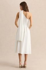 Odette | White Asymmetric-Neck Midi Dress With Scarf