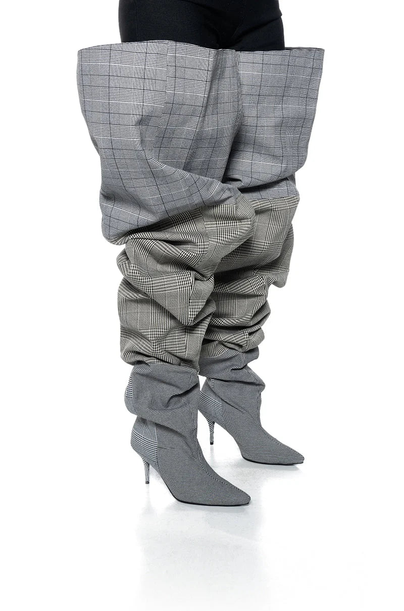 AZALEA WANG NEMY PLAID KITTEN HEEL THIGH HIGH BOOT