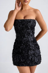 Floral-Appliqué Bandeau A-Line Mini Dress In Black
