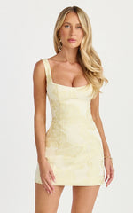Orla Mini Dress - Jacquard Scoop Neck Fitted Dress in Lemon