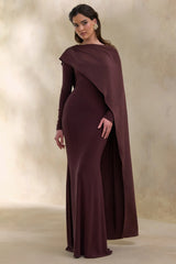 Salenne | Brown Wide-Neck Maxi Dress With Satin Asymmetric-Cape