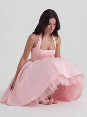 Lace-Up Halter Midi with Exposed Tulle Hem
