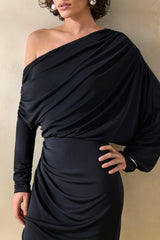 Dalissa | Black Asymmetric-Neck Midi Dress With Draped-Detailing