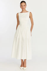 Casina Midi Dress - Boat Neck Tie Back Fit And Flare Dress in Off White