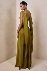 Charly | Olive Satin Bandeau Maxi Dress With Scarf-Detail