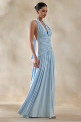 Bettina | Powder-Blue Plunge-Neck Maxi Dress With Gathered-Detailing