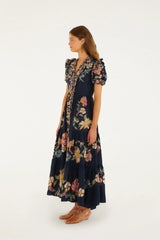 Dark Blue Maira Floral Short Sleeve Maxi Dress