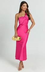 Carmella Midi Dress - One Shoulder Twist Detail Dress in Fuchsia