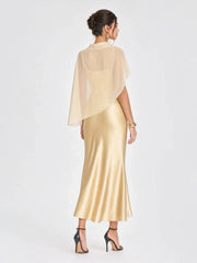 Romantic Drape Asymmetric Cape Satin Maxi Dress