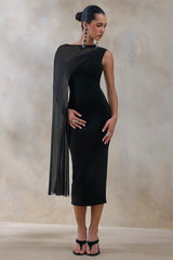 Caloria | Black Asymmetric-Neck Midi Dress With Mesh-Cape