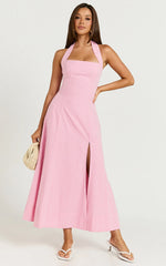 Narissa Midi Dress - Halter A Line Dress In Pink Gingham