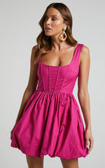 Brianda Mini Dress - Corset Bodice Bubble Hem Dress in Berry