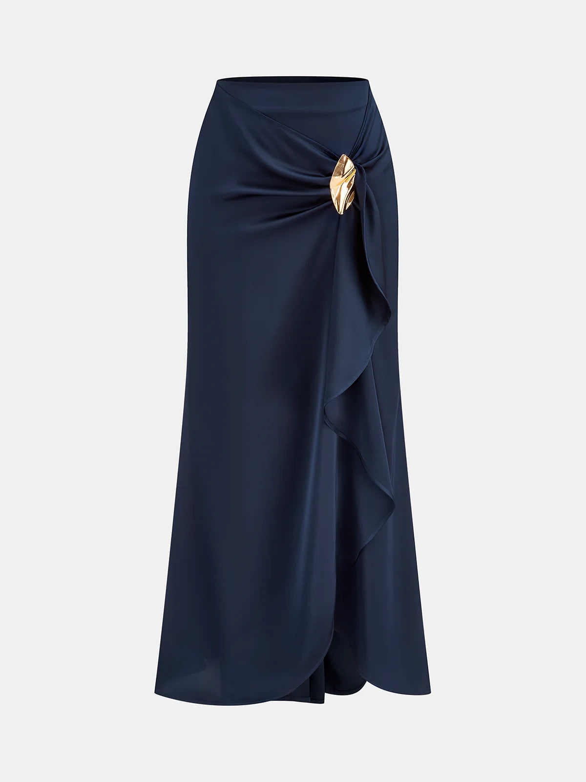 Asymmetric Ruffle Metal Detail Satin Maxi Skirt