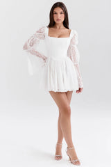 White Lace Puff Sleeve Mini Dress