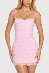 Embellished Square-Neck Mini Dress in Bubblegum Pink