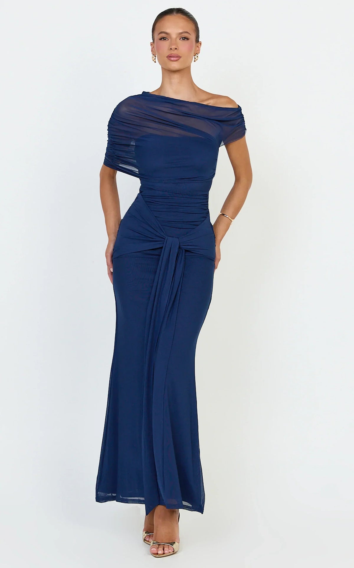 Nicolette Maxi Dress - Cape Sleeve Off Shoulder Dress in Navy