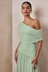 Emberly | Green Draped Asymmetric-Neck Maxi Dress With Drop-Waist