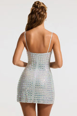 Embellished V-neck A-Line Mini Dress in Silver