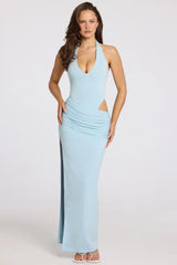 Deep Plunge Halterneck Maxi Dress in Powder Blue