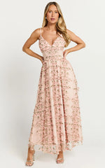 Amalie The Label - Lou V Neck Embroidered Tulle Midi Dress - In Blush