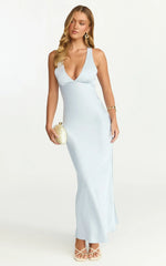 Khalani Maxi Dress - Deep V Neck Satin Slip Dress in Pale Blue