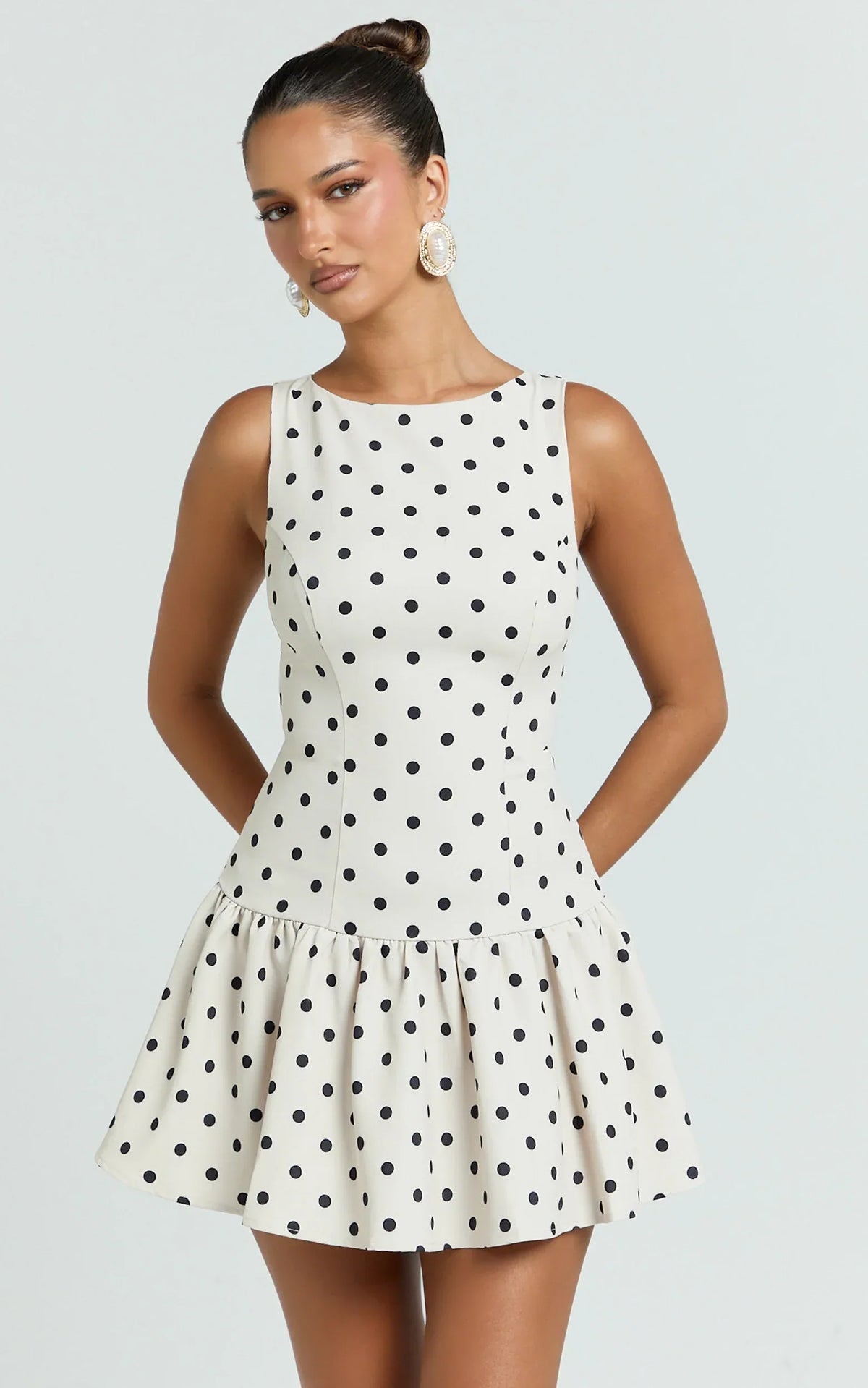 Brooke Mini Dress - Boat Neck Drop Waist Dress in Cream Polka Dot