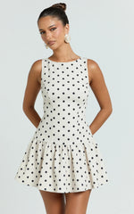 Brooke Mini Dress - Boat Neck Drop Waist Dress in Cream Polka Dot