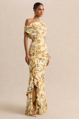 Siora | Lemon Rose Print Asymmetric-Neck Maxi Dress With Draped-Detailing