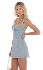Denim Striped Bow Dress In Light Blue