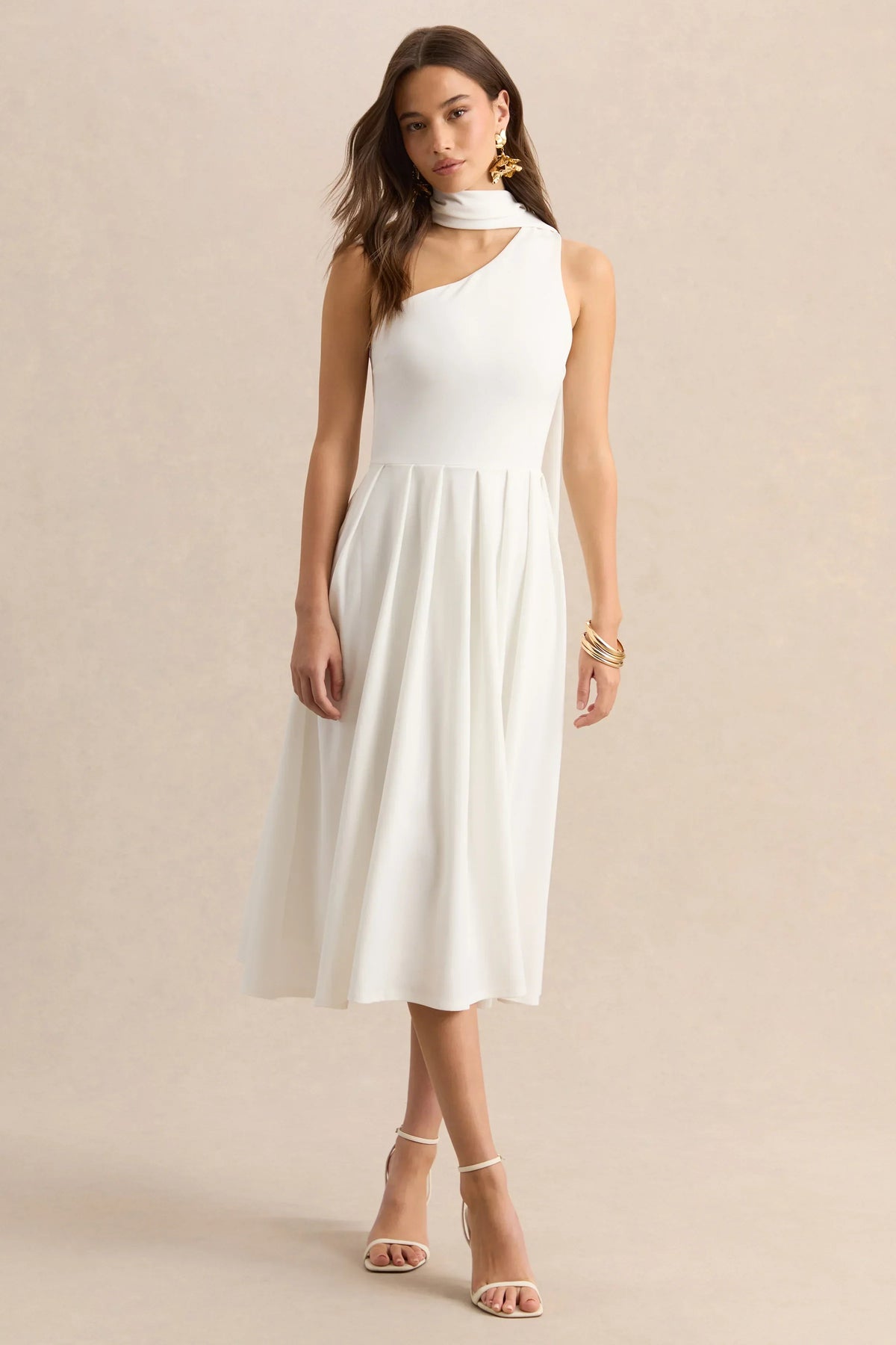 Odette | White Asymmetric-Neck Midi Dress With Scarf