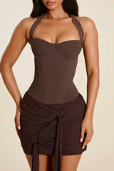 he Zadie Ruched Mini Skirt in Brown