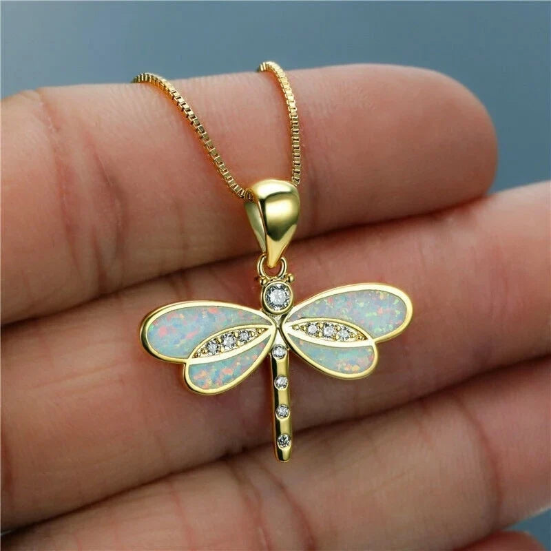 Dragonfly Necklace in Gold With Opal