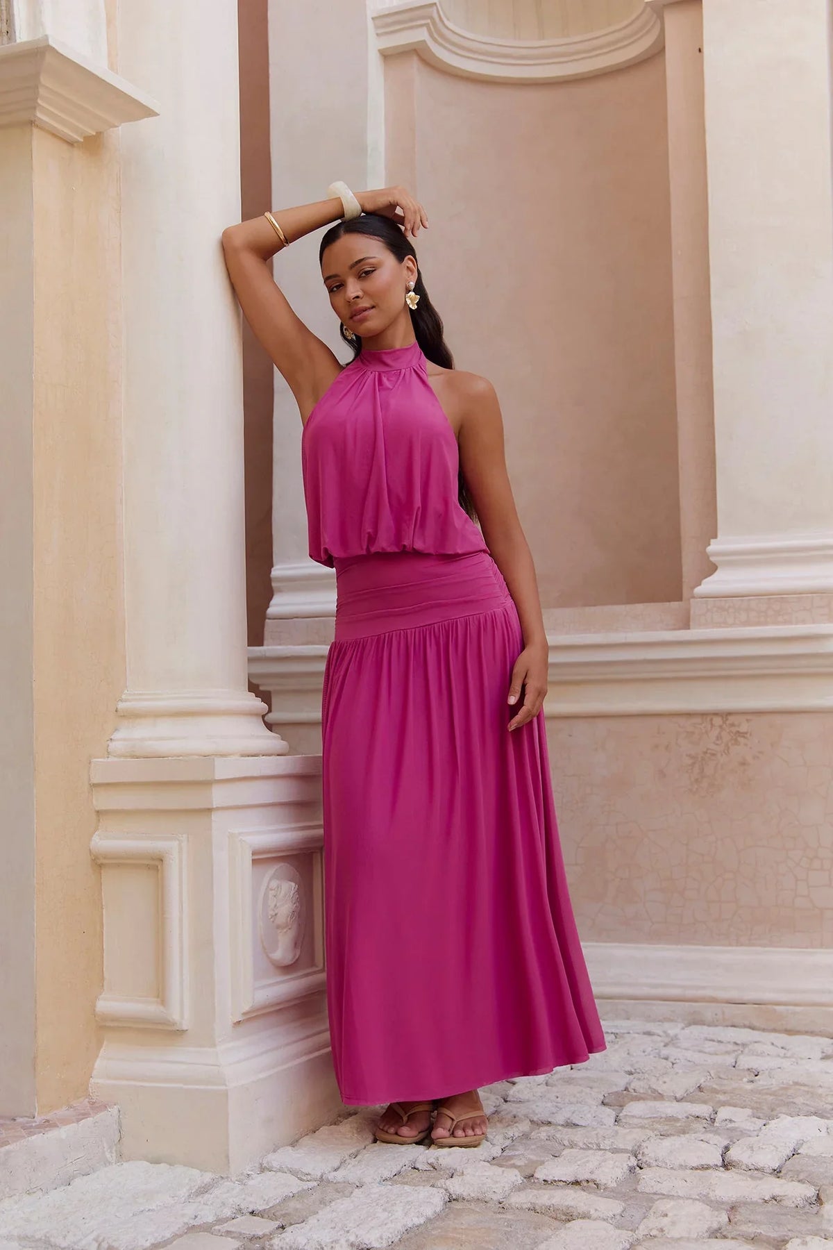Camellia Mesh Halter Maxi Dress Magenta